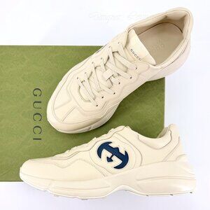 NEW GUCCI Rhyton Interlocking G Ivory Leather Sneakers Men’s G 12.5 / US 13 Auth